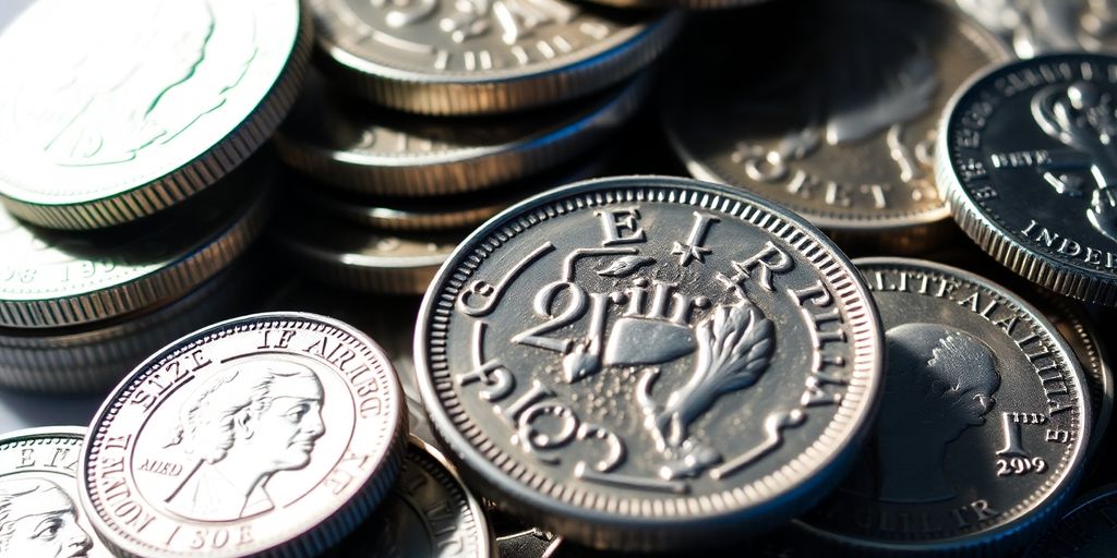 Pièces en argent brillantes empilées.