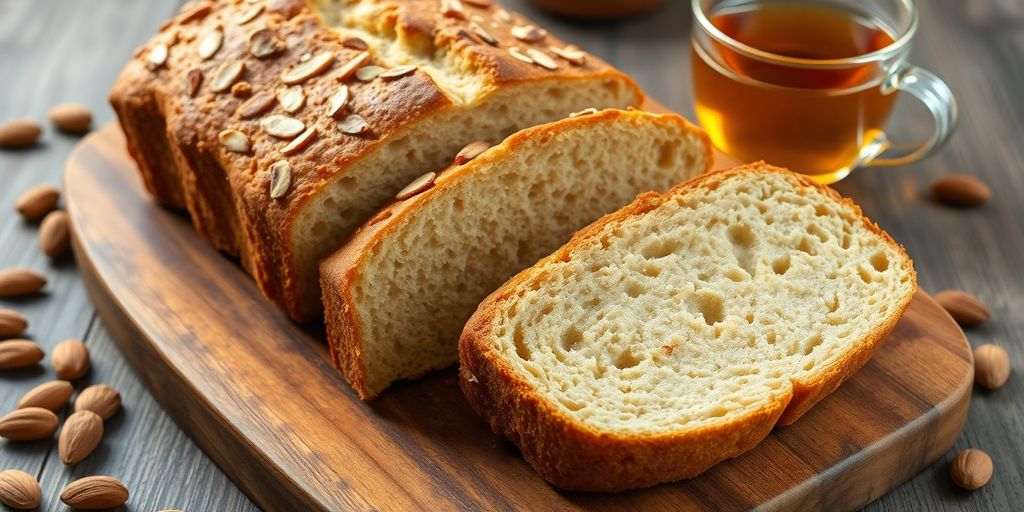 Freshly baked almond tea bread with almonds and tea.