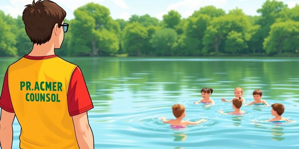 Lifeguard supervising swimmers at a waterfront.