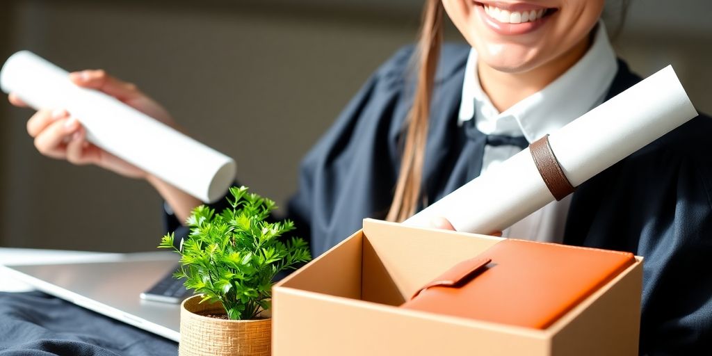 Smiling graduate with diploma, laptop, and thoughtful gifts.