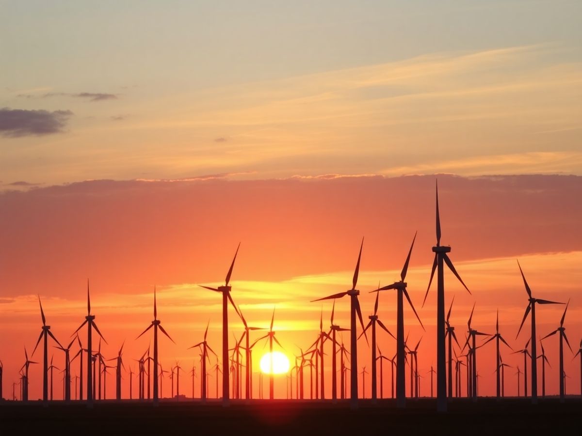 Turbine eoliene pe un fundal de apus iluminat.