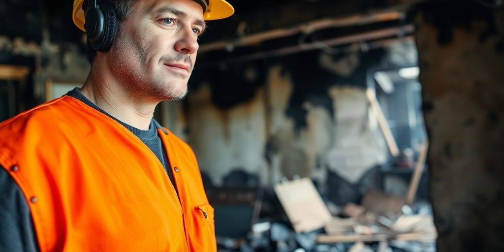 Contractor inspecting fire-damaged building in safety gear.