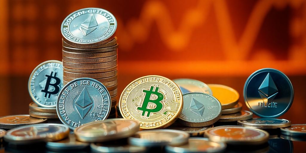 Digital coins arranged in a financial landscape.