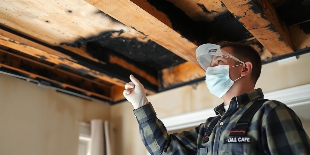 Technician inspecting fire-damaged structural beams.
