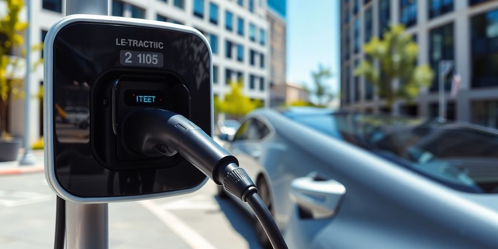 Electric vehicle charging point in an urban setting.
