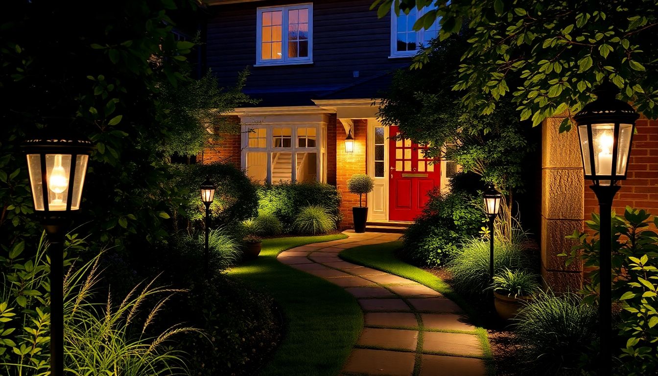 Illuminated front garden with pathway lights and lanterns.