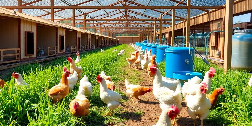 Bright chicken farm with healthy broilers and coops.
