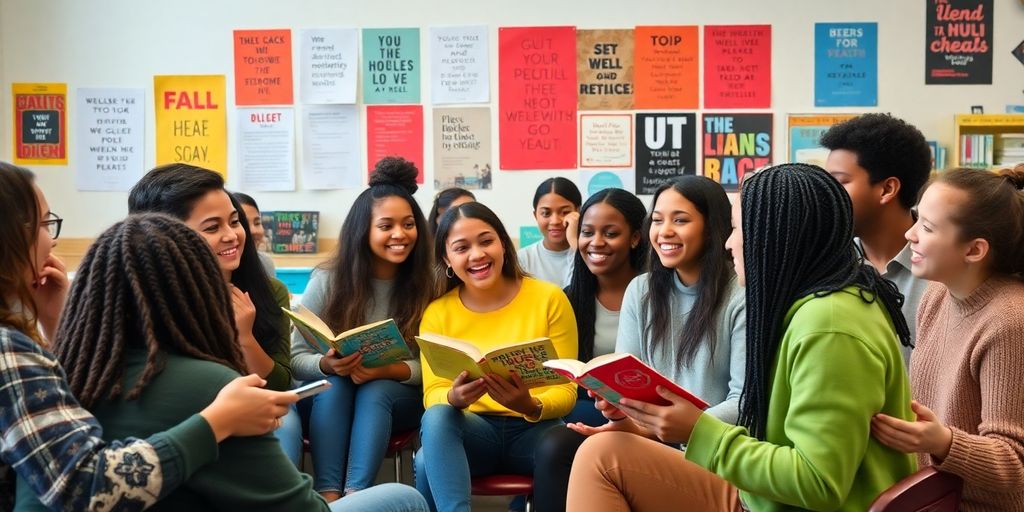 Students sharing stories in an inspiring classroom setting.