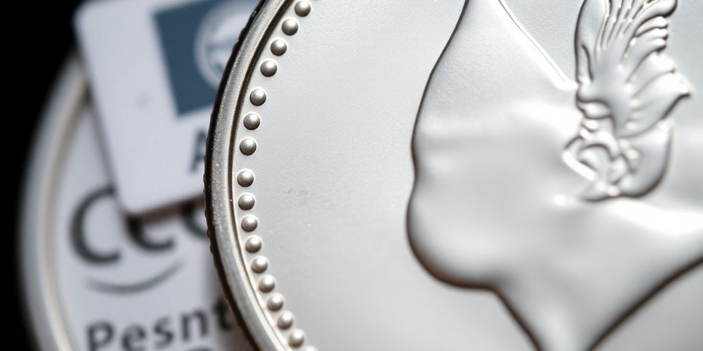 Pièce d'argent avec certifications en arrière-plan.