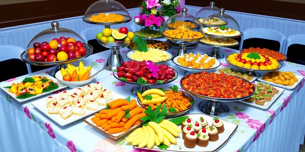 Цветна кетъринг подредба с вкусни ястия и десерти.