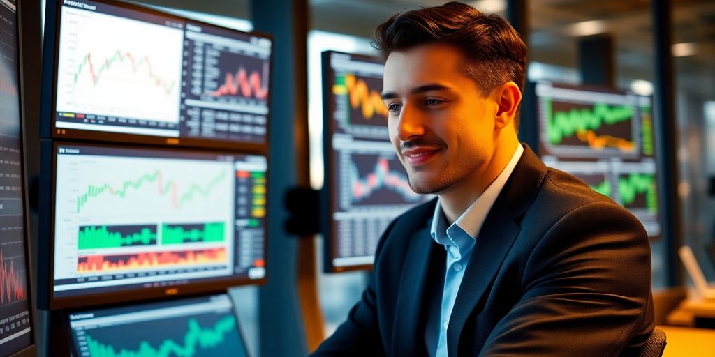 Professional reviewing financial data on multiple screens.