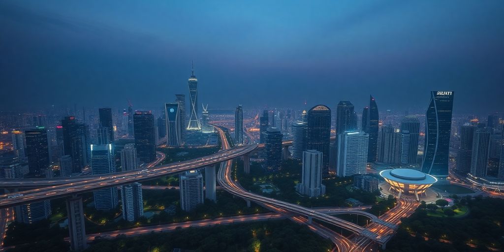 futuristic city skyline at dusk