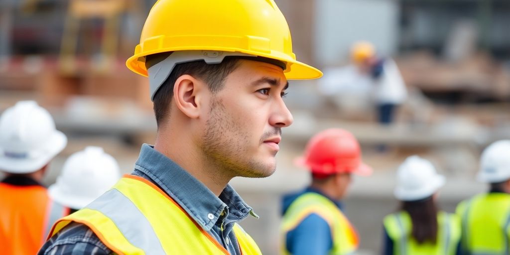 Worker wearing a yellow hard hat in a construction setting.