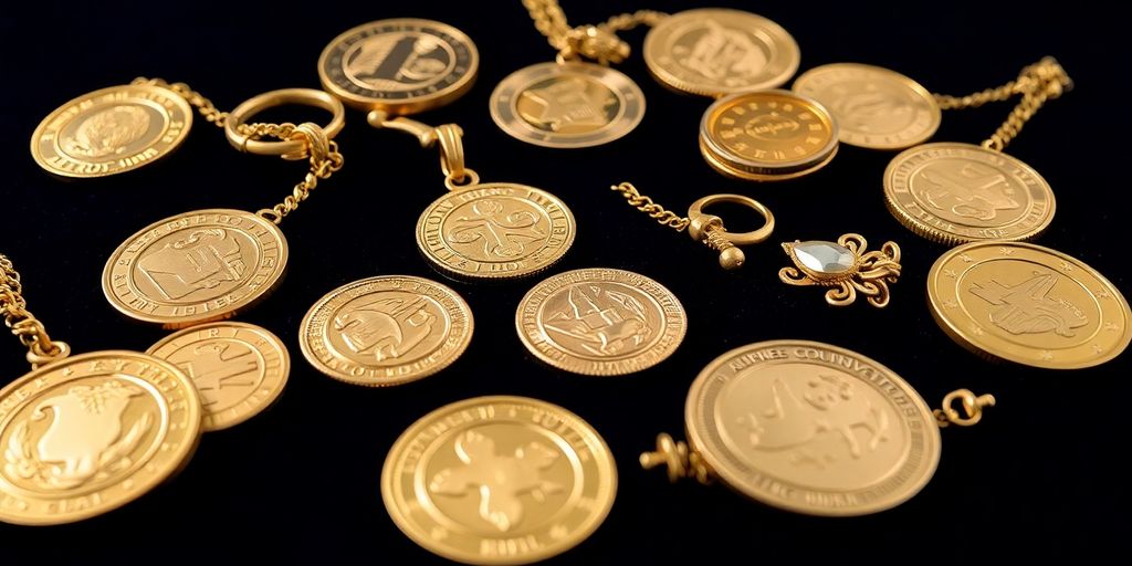 Pièces et bijoux en or sur un fond sombre.