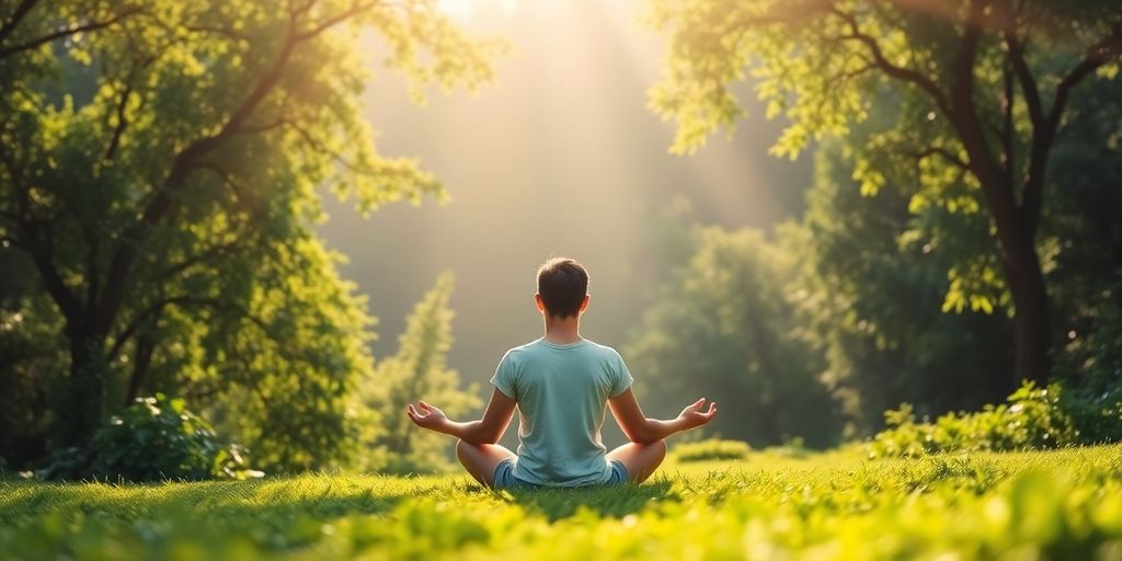 Person meditating in a peaceful, green landscape.