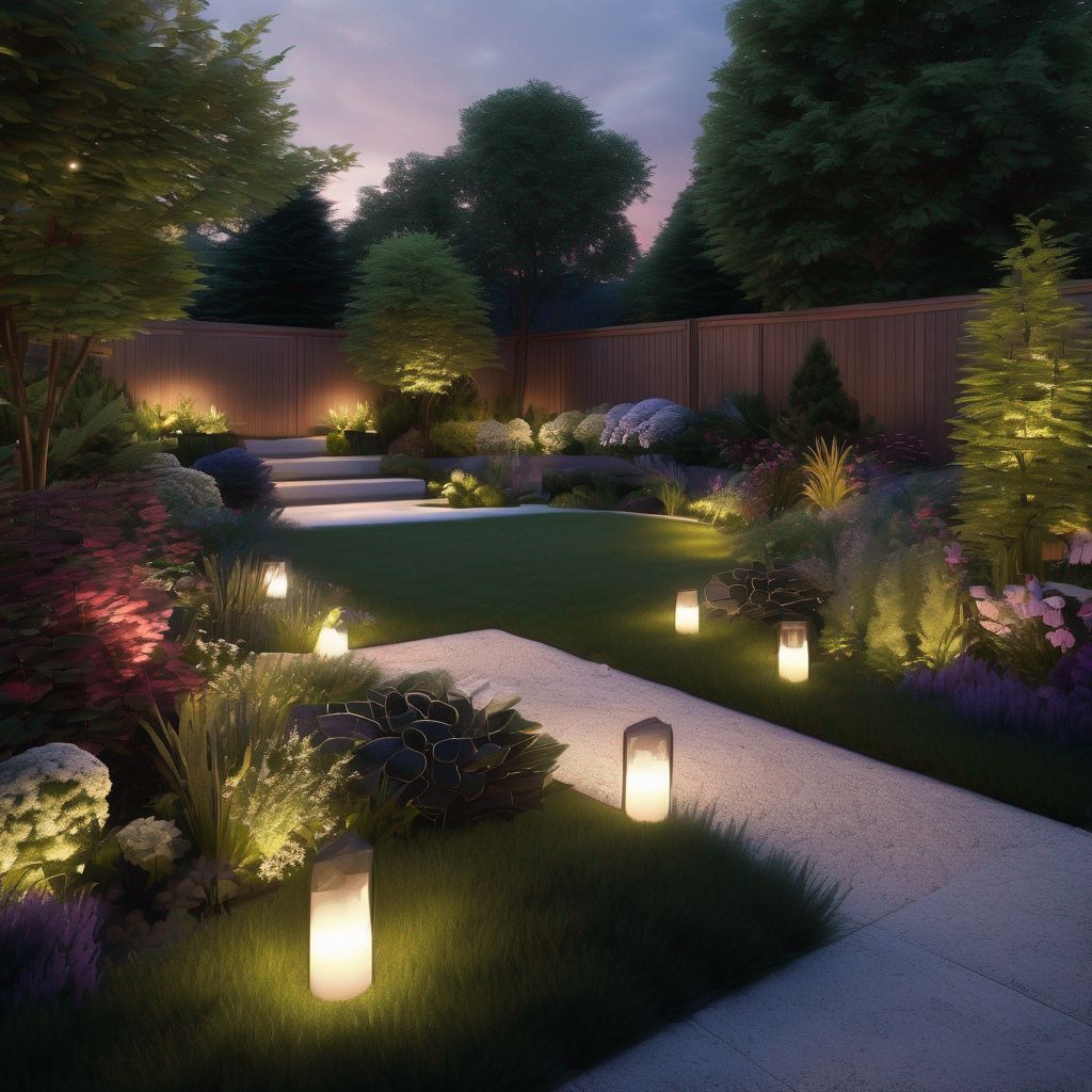 beautiful garden landscape design with dramatic lighting at dusk