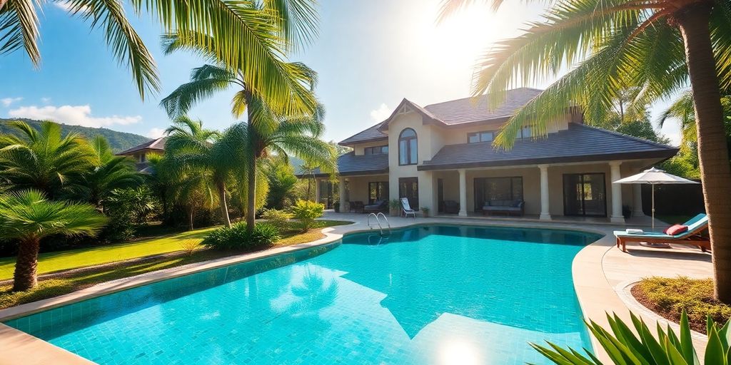 Phuket villa with swimming pool and palm trees.