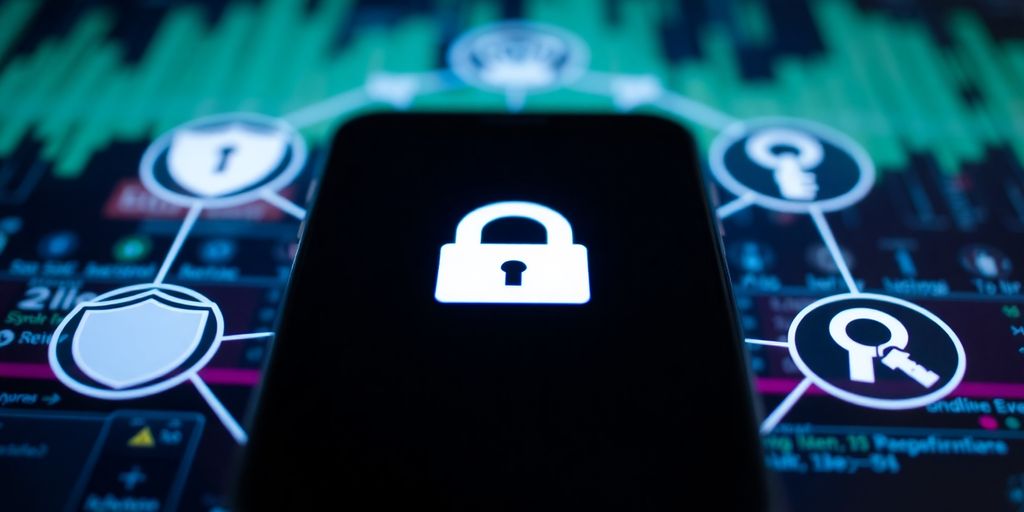 Smartphone with a lock symbol and security icons.