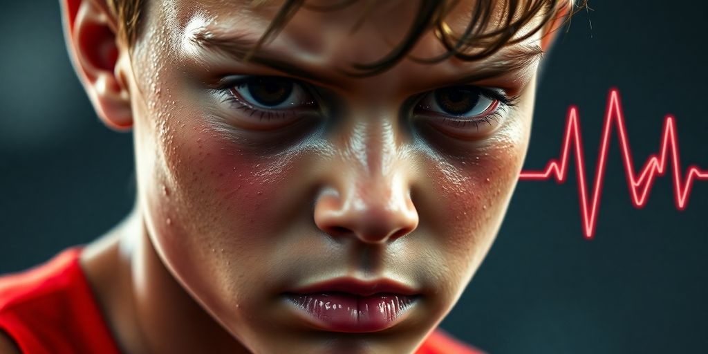 Young athlete's determined face, heart pumping.