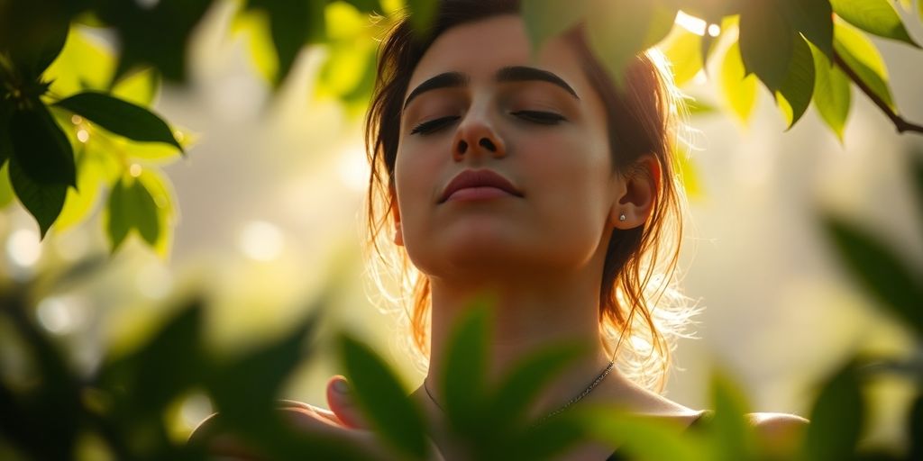 Person peacefully meditating outdoors.