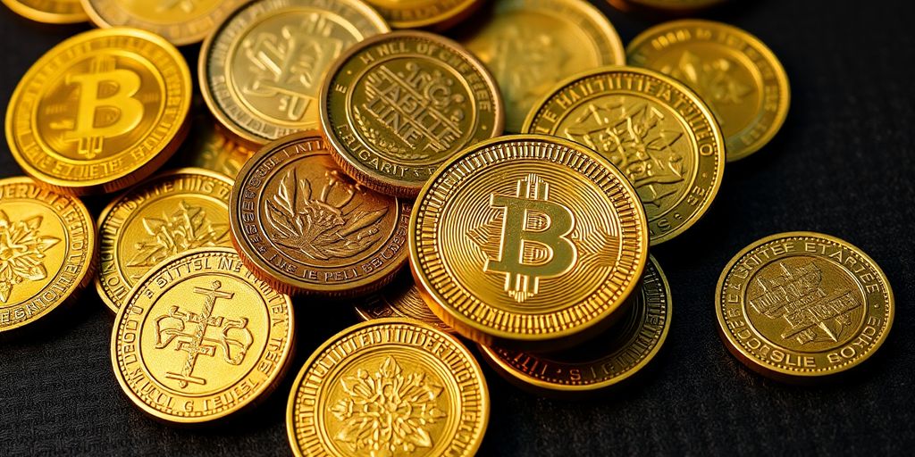 Close-up of antique gold coins.