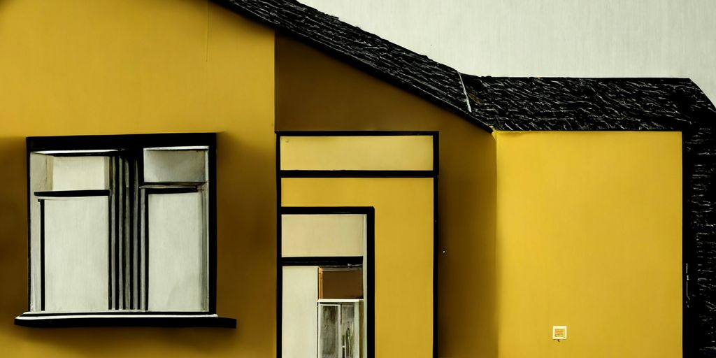 a yellow house with a black roof