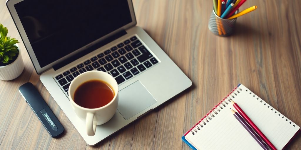 Cozy workspace with laptop, coffee, and notepad.