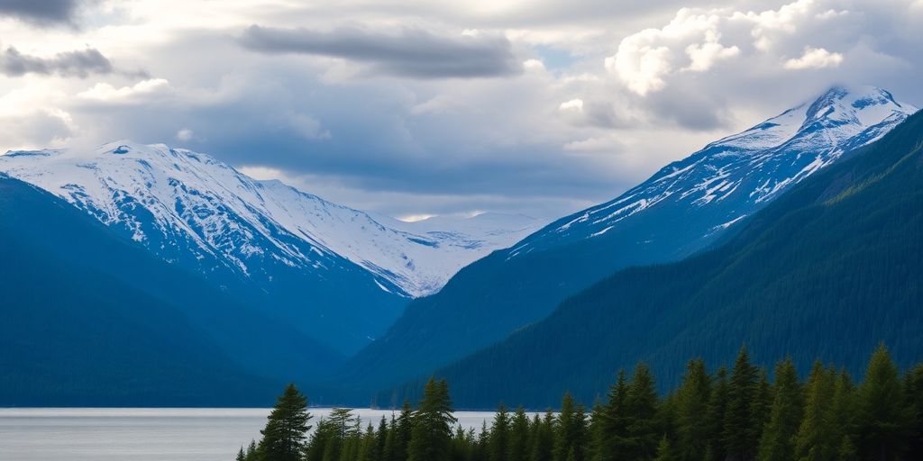 Juneau, Alaska, mountains, water, clouds, evergreen trees