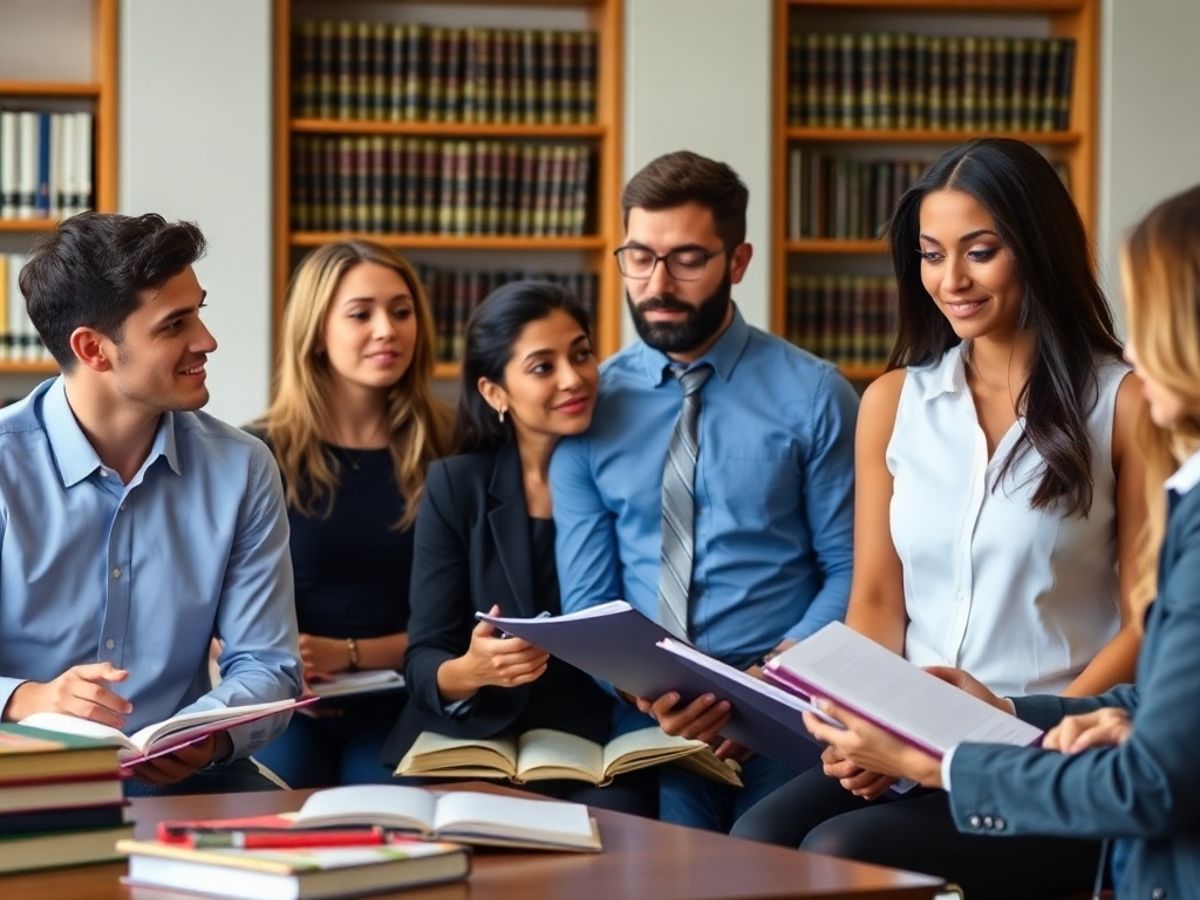 Studenți la drept discutând într-un mediu profesional.