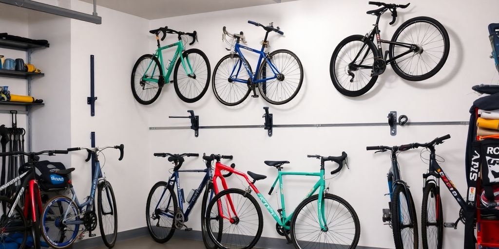 Various bike hangers with bikes mounted on garage walls.