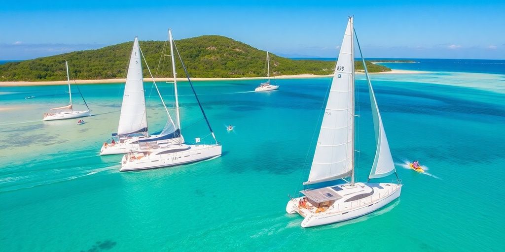 Sailboats on Neptune Island's clear waters and sandy beach.
