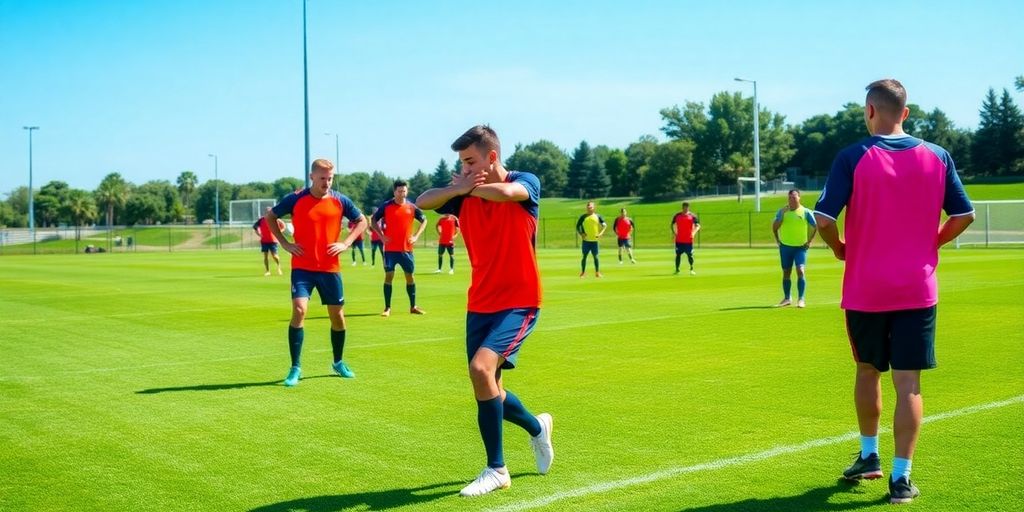 Soccer players warming up on the field before a match.