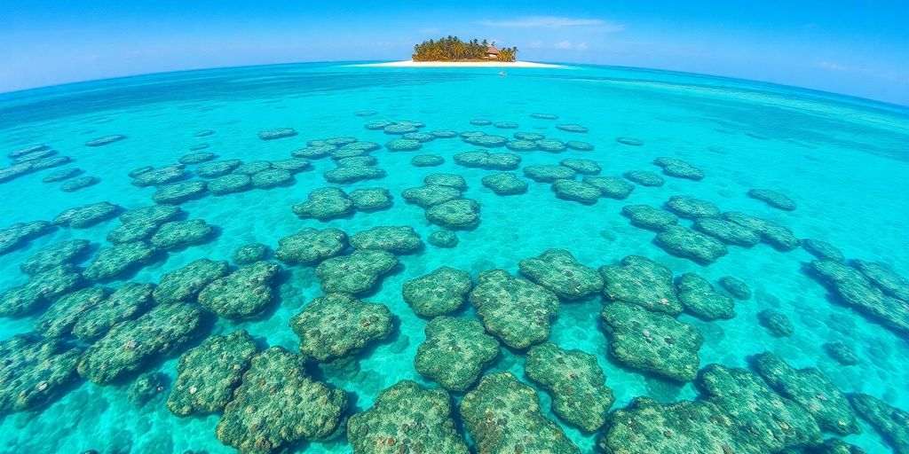Turquoise lagoon and coral reef with tropical fish.