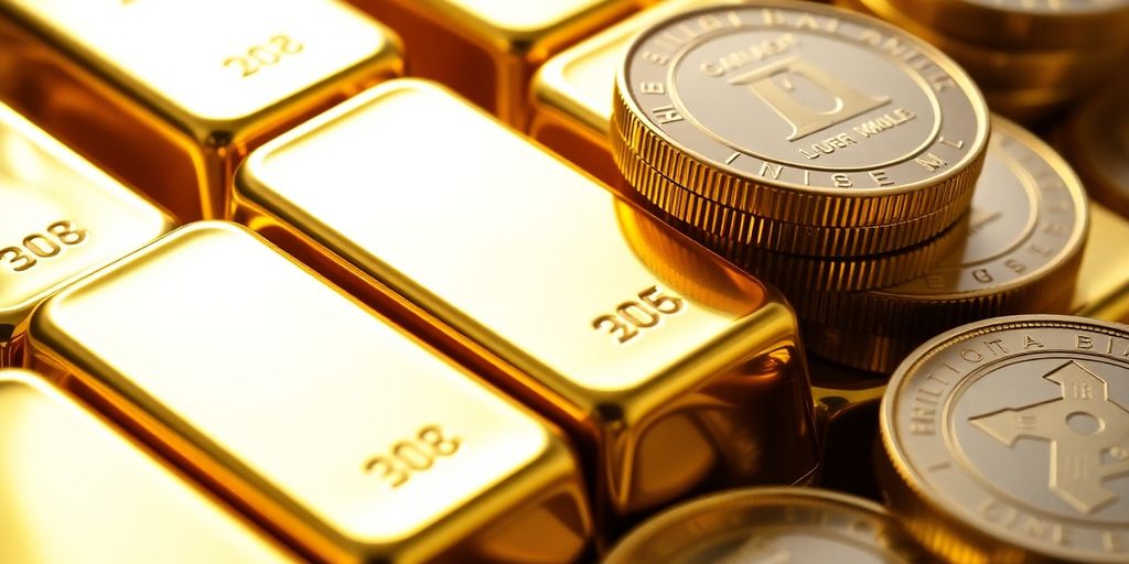 Lingots d'or et pièces d'or brillant sous la lumière.