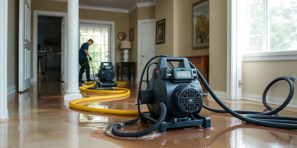 Water extraction process in a flooded home.