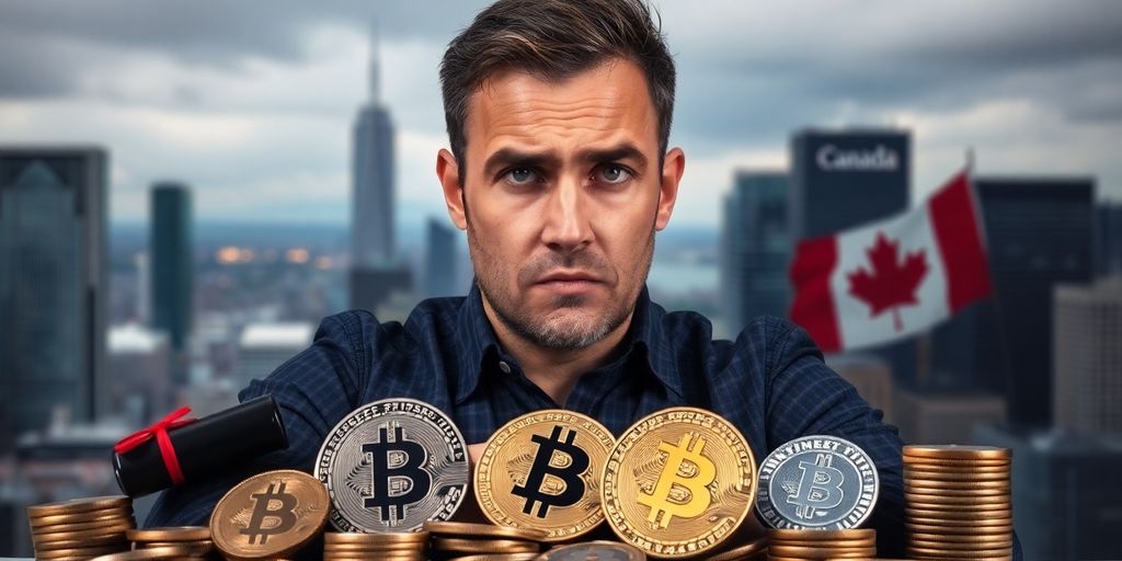 Frustrated investor in front of crypto items and skyline.