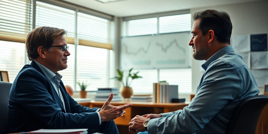 Options coach and client discussing strategies in office.