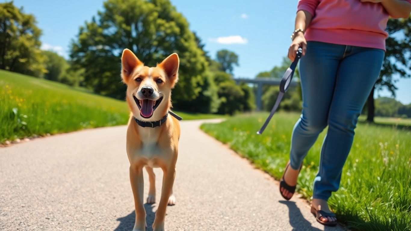 Dog and owner walking on sunny Bronte pathway