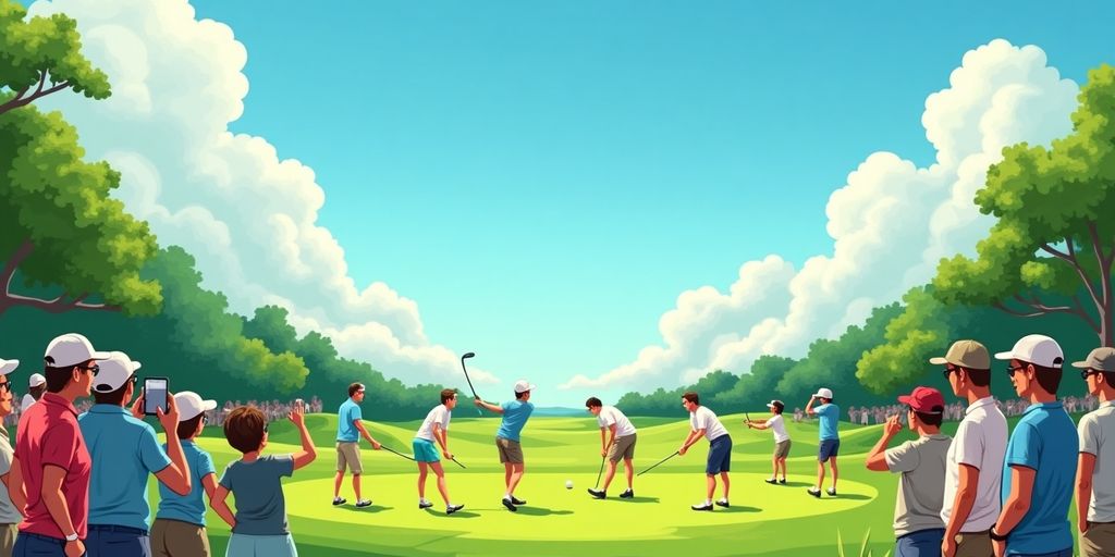 Golfers competing on a sunny day at a golf tournament.