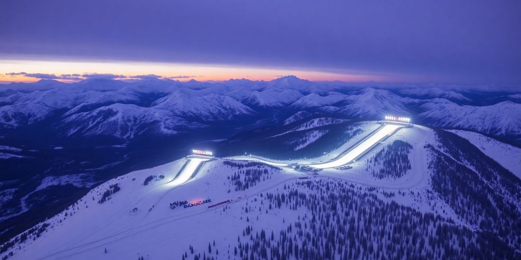 Montagnes enneigées et piste de saut à ski.