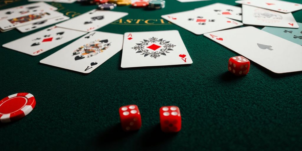 Blackjack cards fanned with chips and dice.