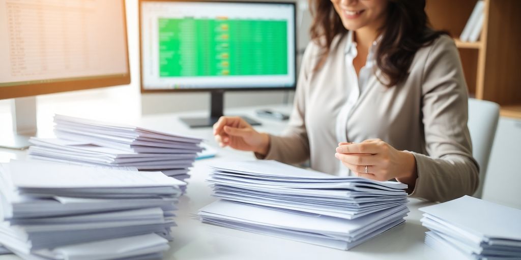 Person organizing financial documents at a desk.