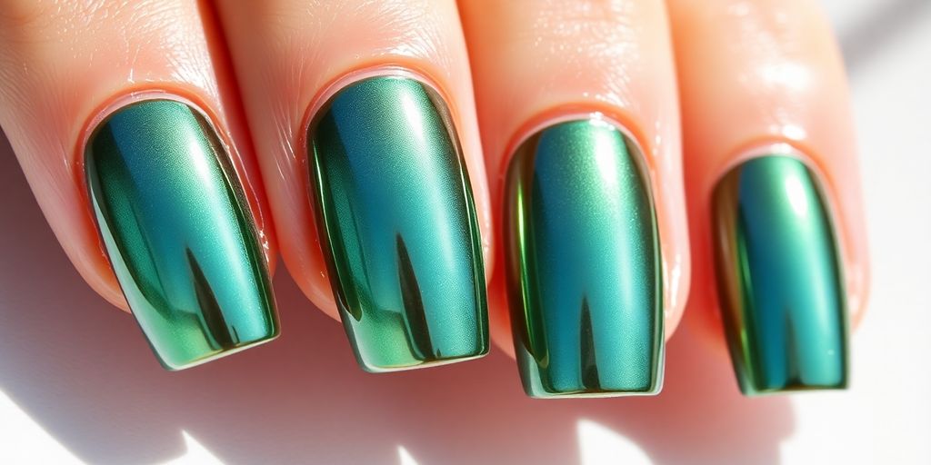 Detalhe em close-up: elegantes unhas francesinhas cromadas com brilho moderno.