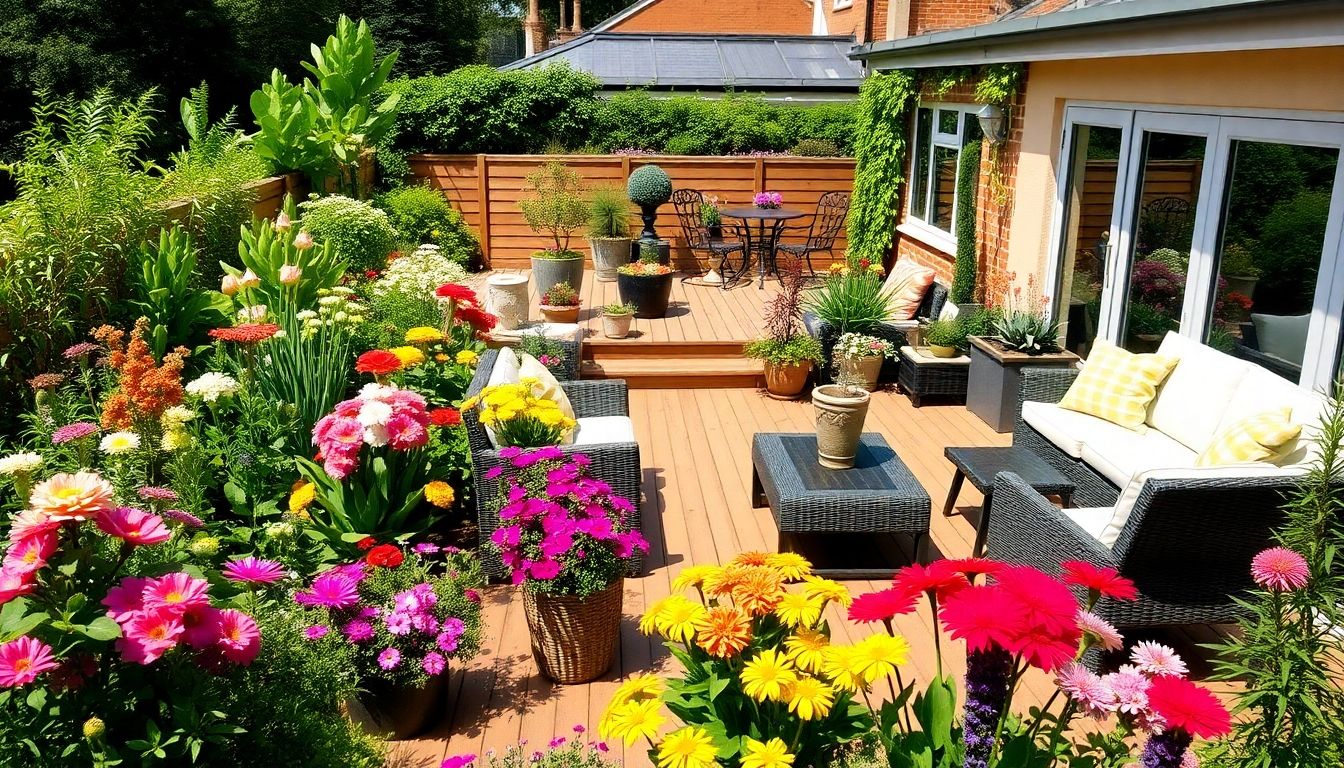 Colourful patio with flowers and stylish decking.