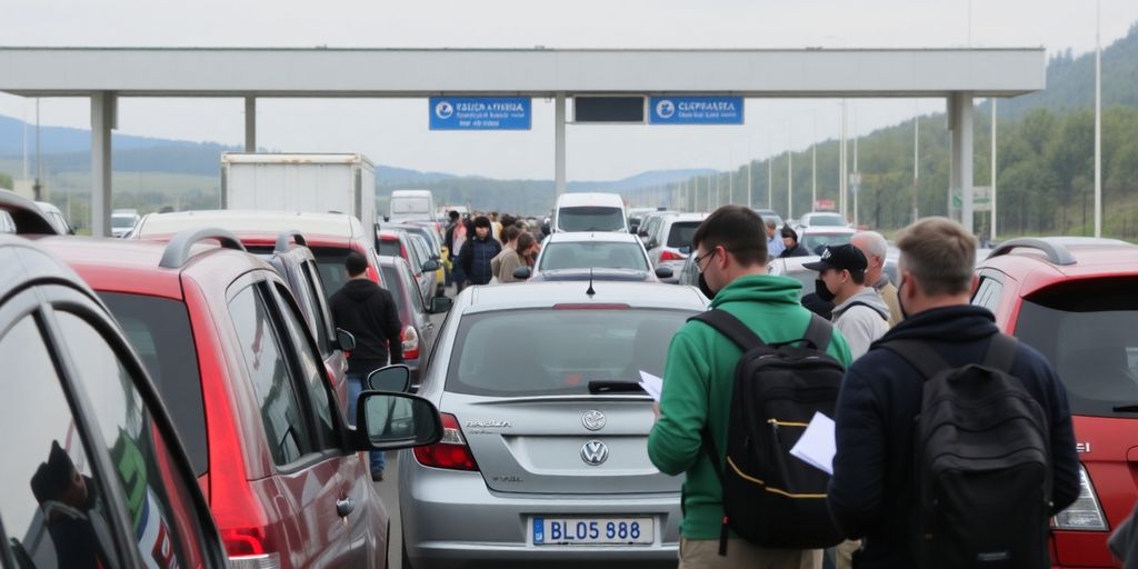 Crowded border checkpoint with long vehicle lines.