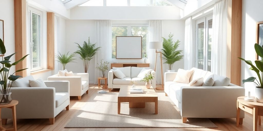 Bright, airy living room with light wood furniture and natural light.