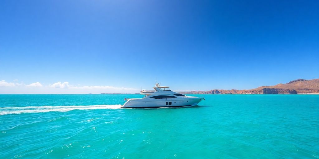 Luxury yacht cruising clear blue waters near Cabo San Lucas.