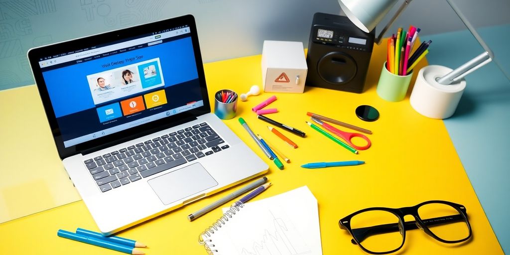 Modern workspace with a laptop and design tools.