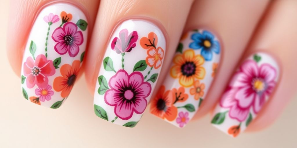Unhas com adesivo floral detalhado