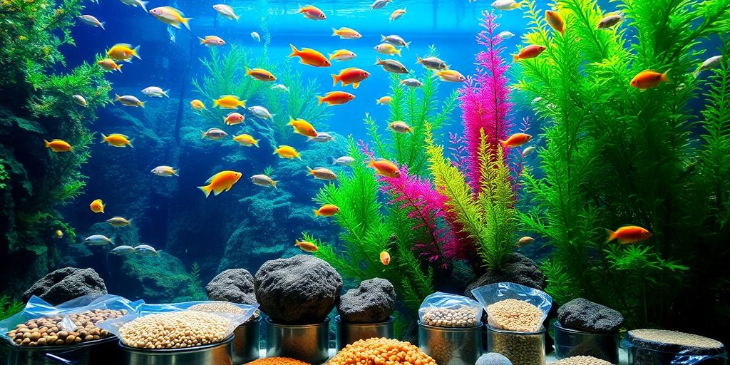 Makukulay na isda at iba't ibang pagkain ng isda sa isang marine aquarium.